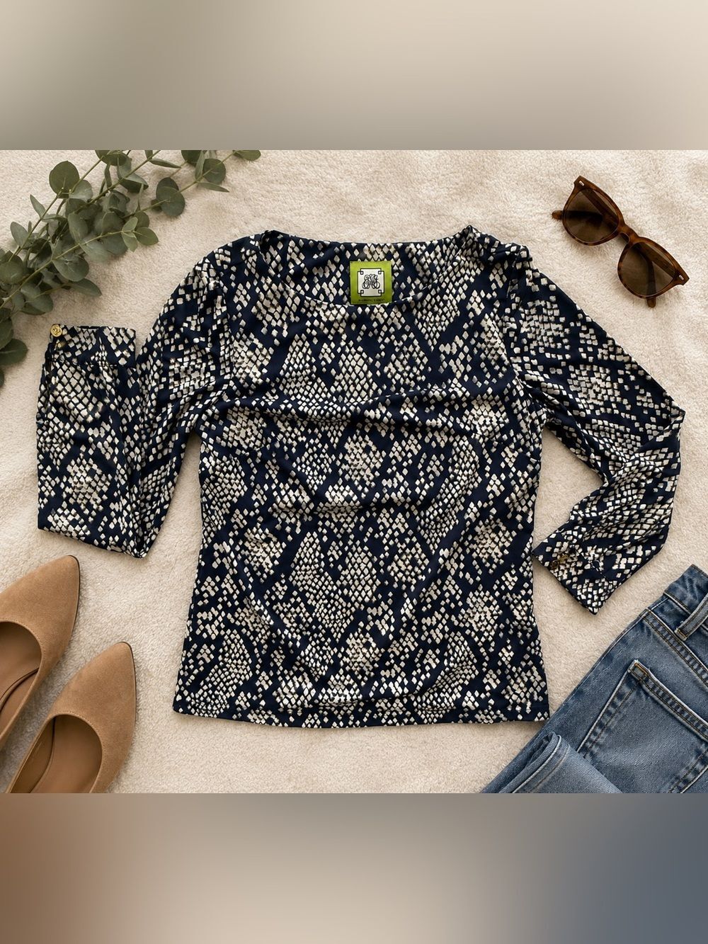 Elizabeth McKay Navy Blue Abstract Print Blouse XL Long Sleeve
